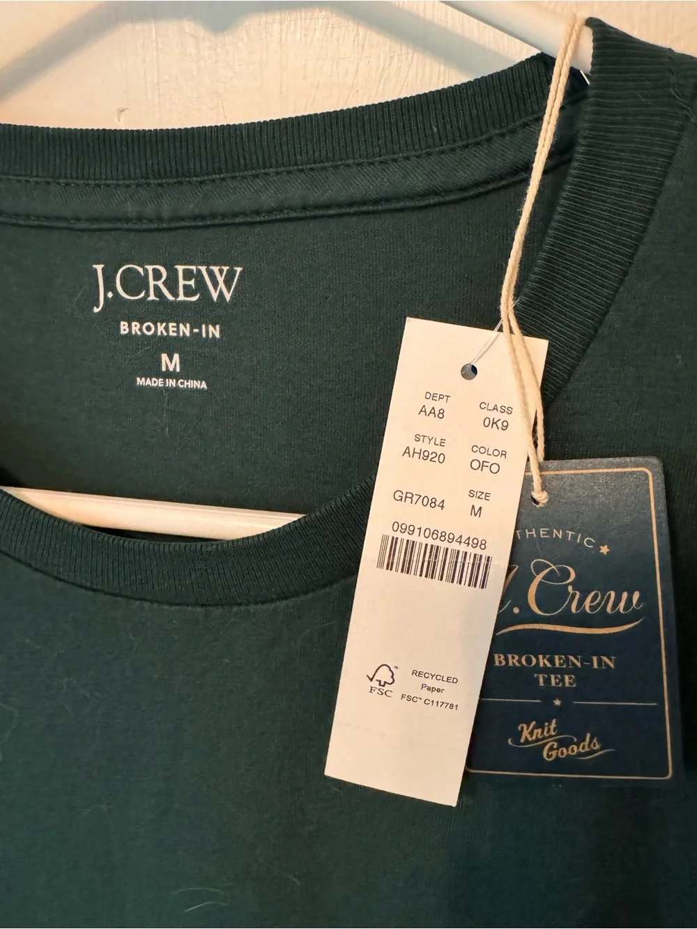 J. Crew Men’s Broken In Tee - Dark Green Pocket Tee NWT